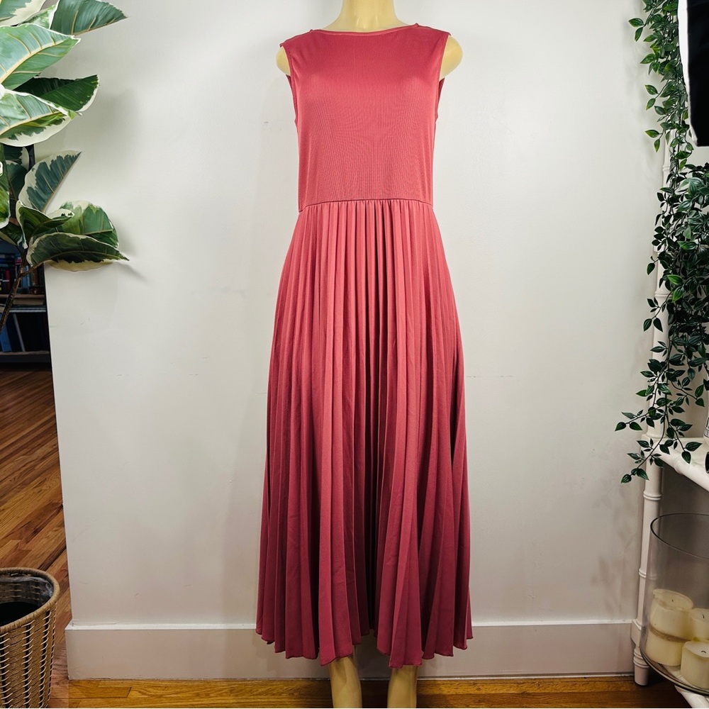 Mango Mixed Pleated Maxi Tank Dress Sz L Pink Sleeveless MNG